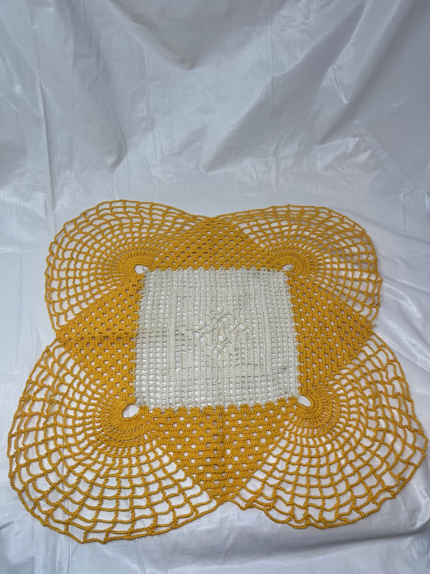 Gently Used Store – Hand Crocheted Square Doily – Cream & Yellow, 17" Vintage Table Accent – Linens & Bedding – Used