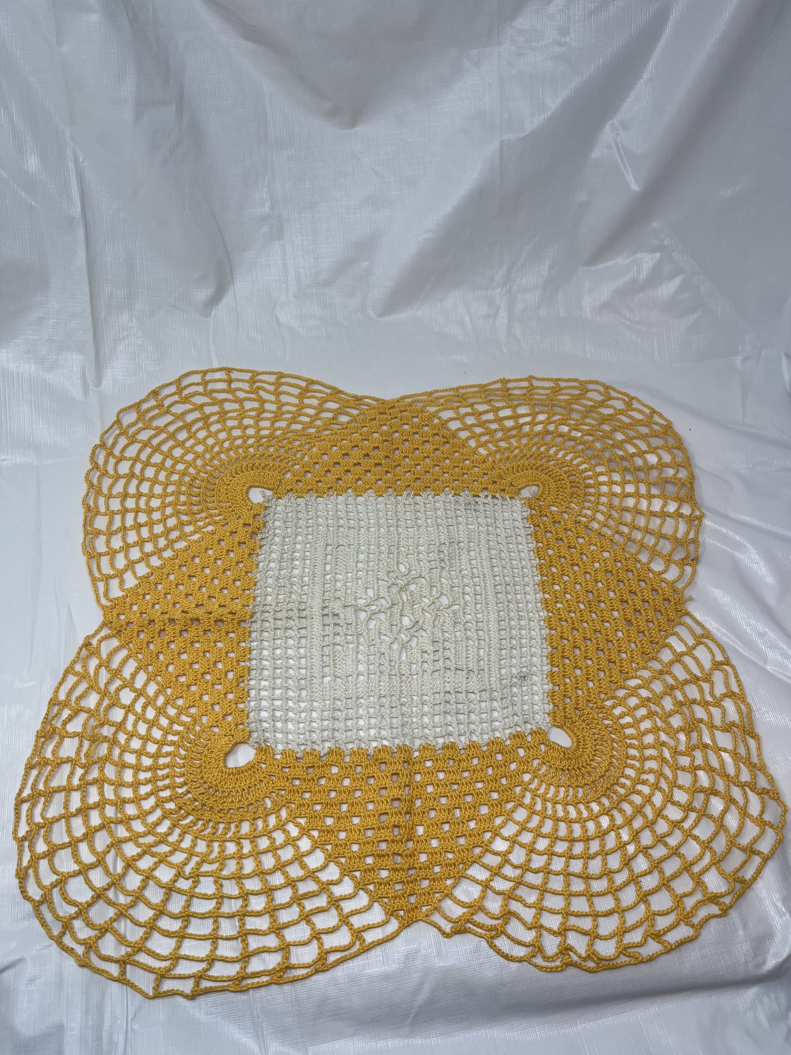 Gently Used Store – Hand Crocheted Square Doily – Cream & Yellow, 17" Vintage Table Accent – Linens & Bedding – Used