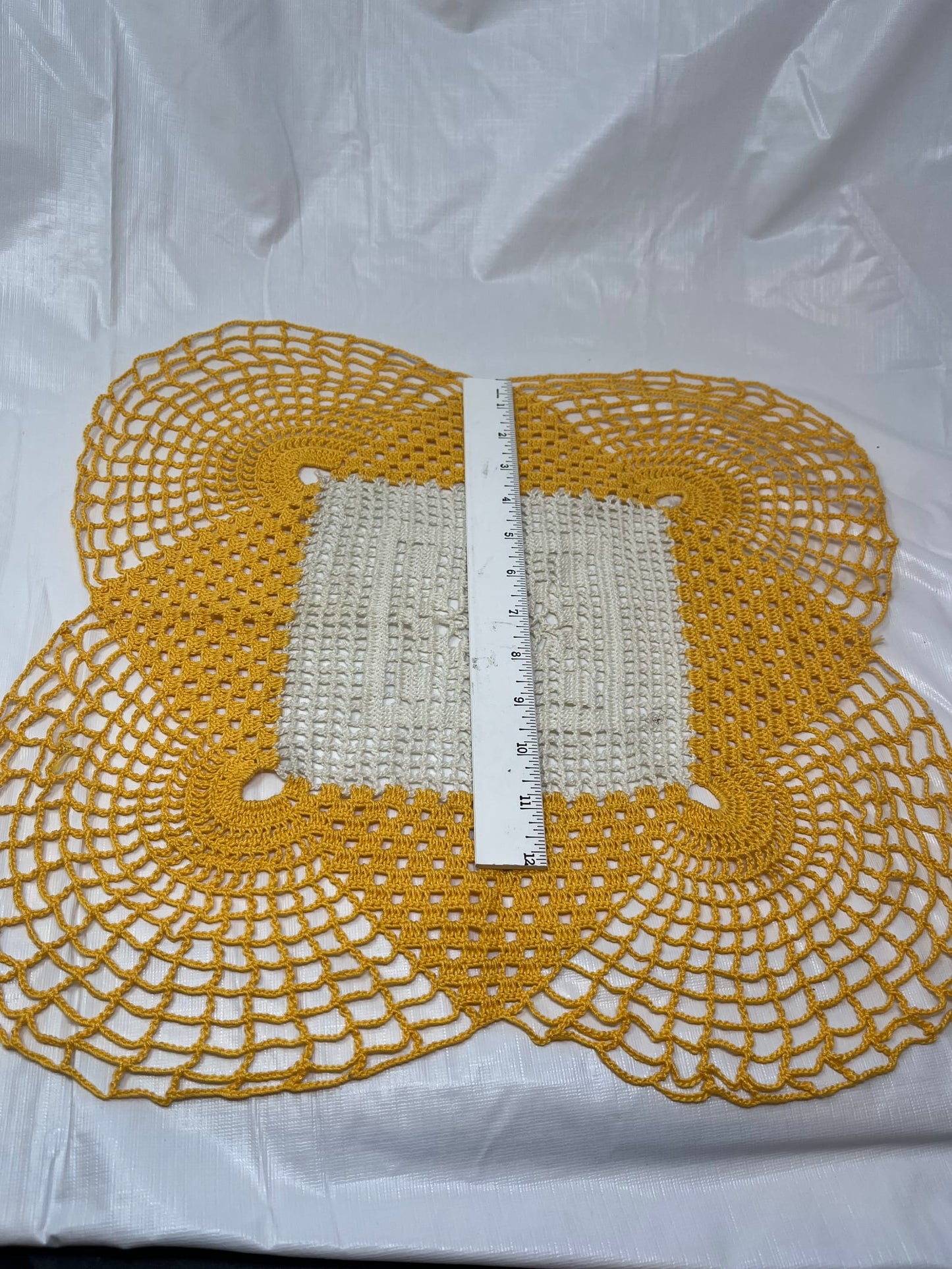 Hand Crocheted Square Doily – Cream & Yellow, 17" Vintage Table Accent