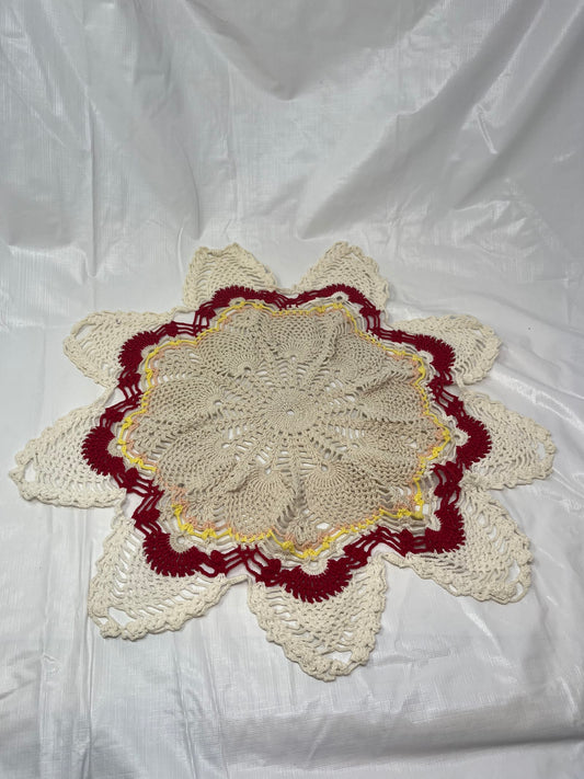 Gently Used Store – Vintage Hand Crocheted Round Starburst Doily Tan Red Yellow 19" – Linens & Bedding – Used
