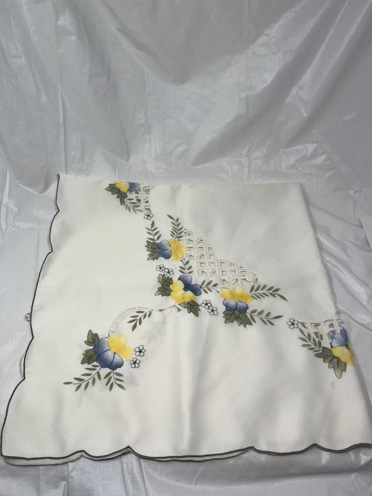 Gently Used Store – Vintage Square Embroidered Tablecloth – White, Blue & Yellow Floral (stained) – Linens & Bedding