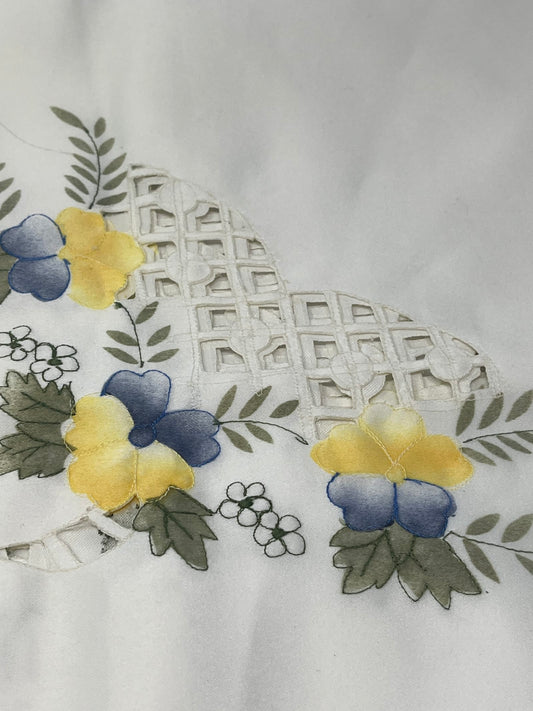 Vintage Square Embroidered Tablecloth – White, Blue & Yellow Floral (Stained)
