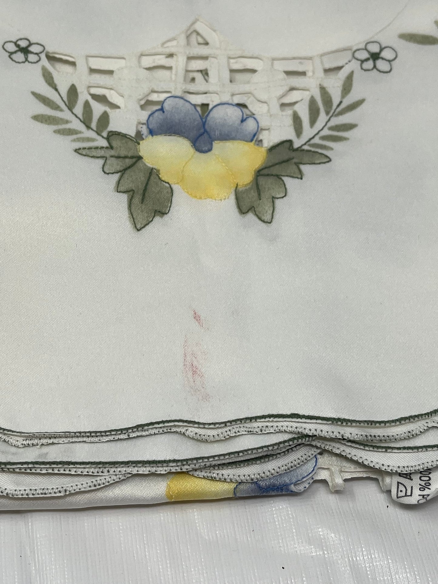 Vintage Square Embroidered Tablecloth – White, Blue & Yellow Floral (Stained)