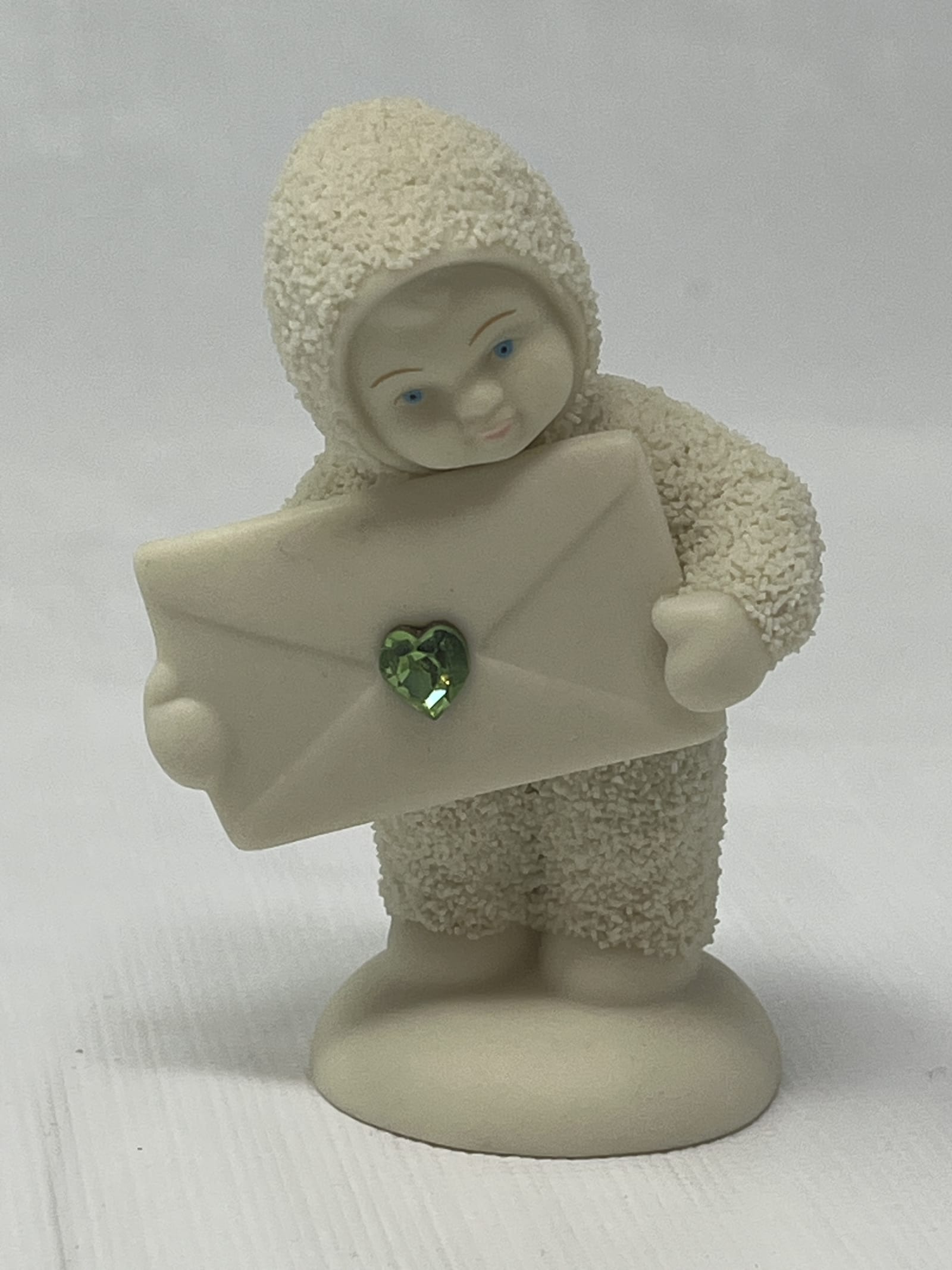Gently Used Store – Snowbabies Figurine – Child with Envelope & Green Heart Jewel – Collectibles – Used – Excellent