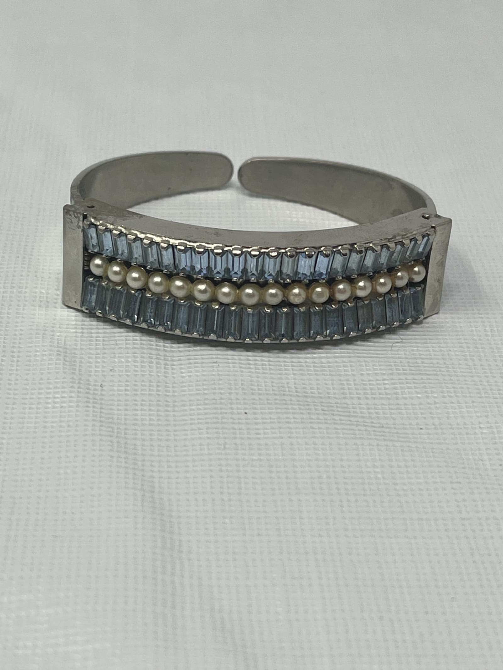 Gently Used Store – Signed Lemu Silver Cuff Bracelet with Faux Pearls & Blue Baguette Crystals (vintage Costume Jewelry)