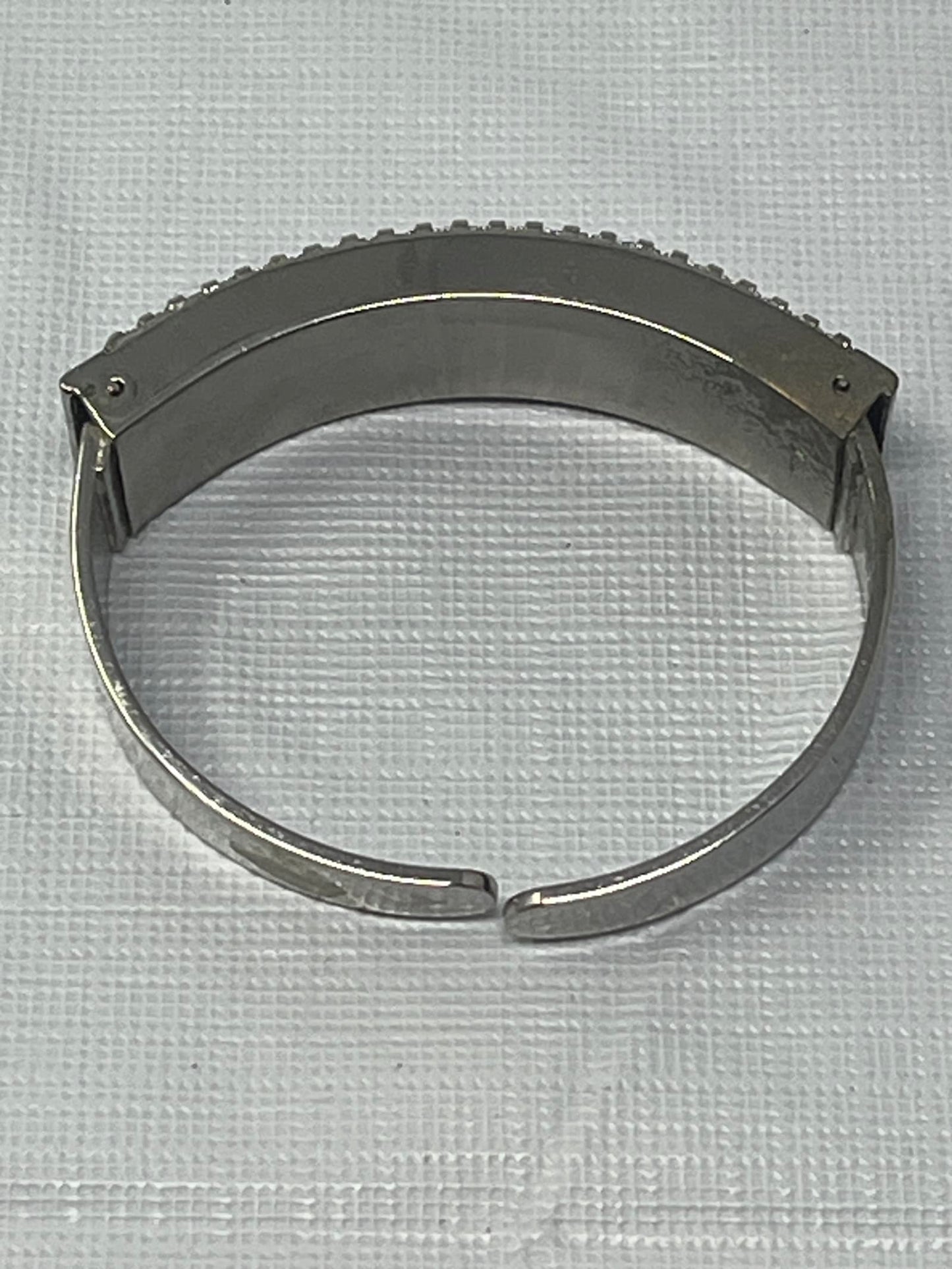 Signed LEMU Silver Cuff Bracelet with Faux Pearls & Blue Baguette Crystals (Vintage Costume Jewelry)