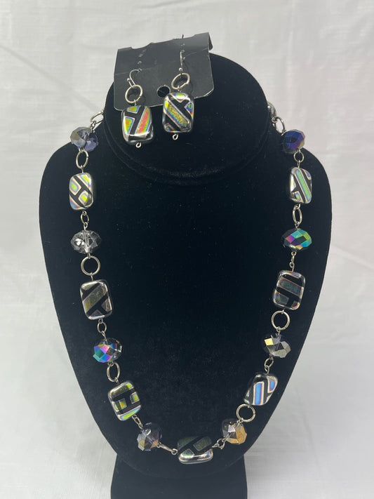 Gently Used Store – Dichroic Glass Necklace & Earrings Set, Iridescent Beads & Silver-tone Links – Jewelry Sets – Used