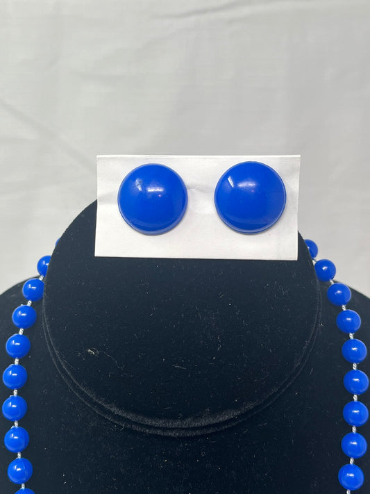 Vintage Bold Blue Bead Necklace & Matching Clip Earrings Set