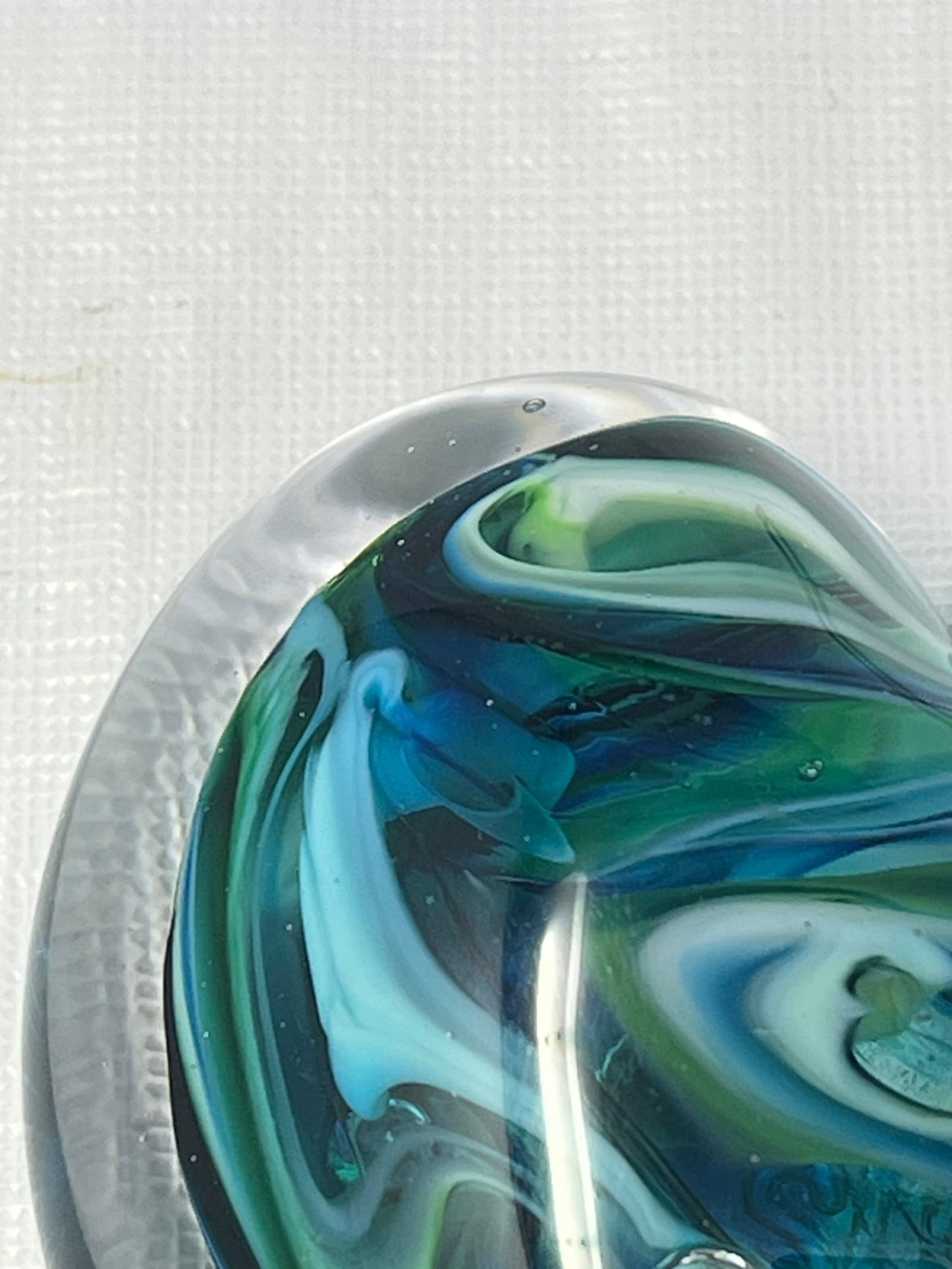 Blue Green White Marbled Glass Paperweight Signed LCGC 2012