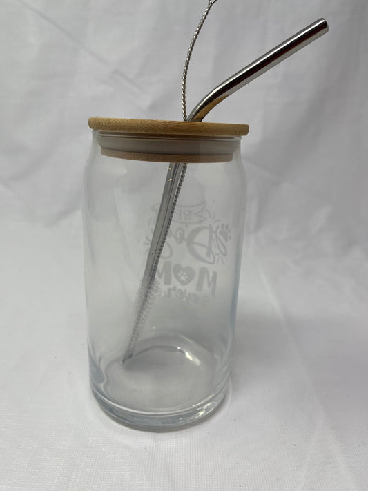 Best Dog Mom Ever Glass Wooden Top Metal Straw