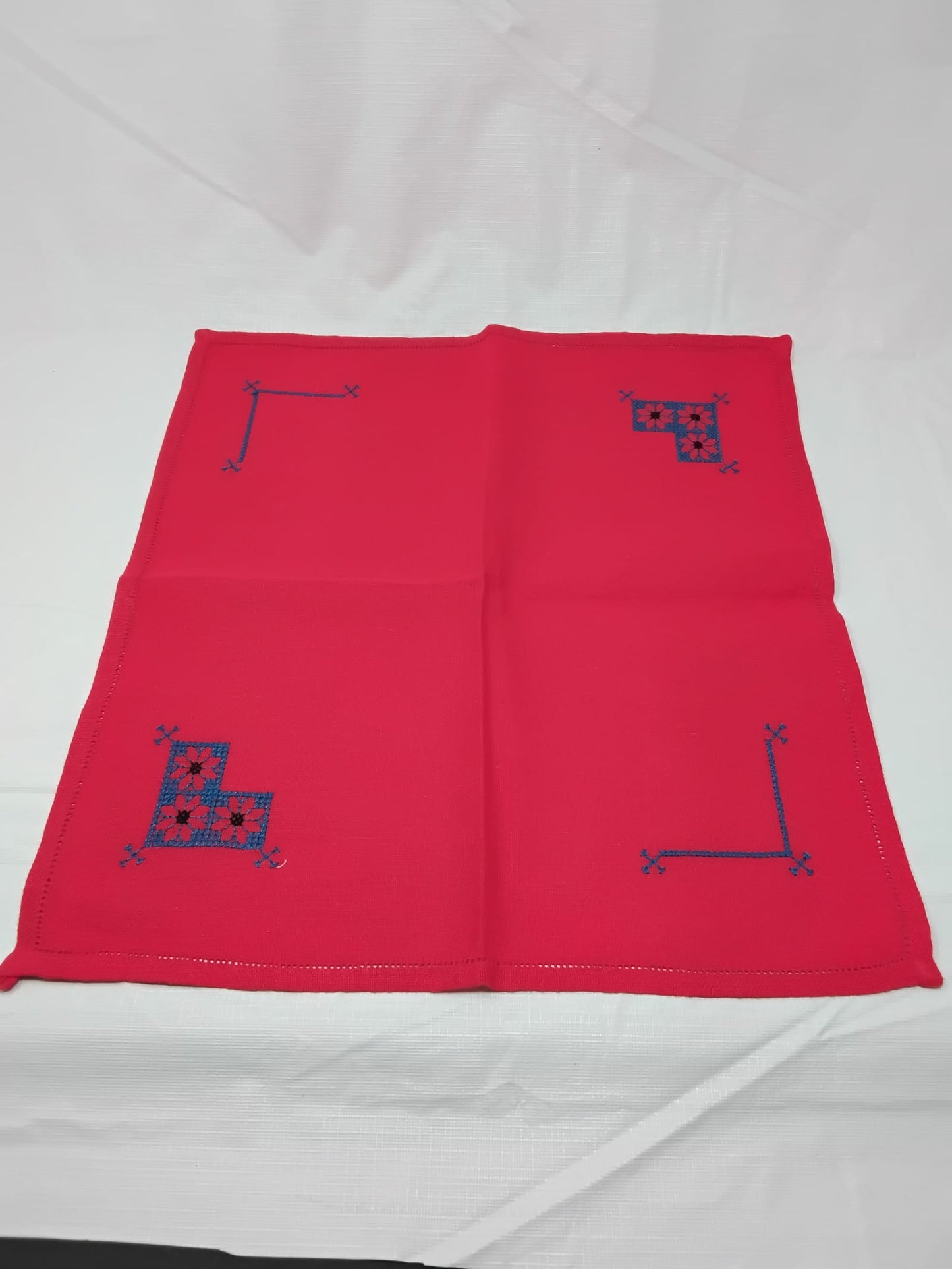 Set of 3 Hand-Embroidered Napkins Red & Yellow Blue Corner Stitching