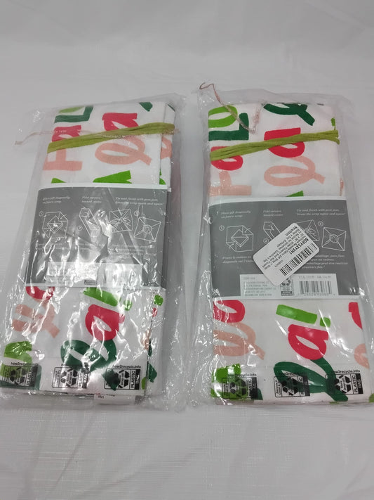 Hallmark Reusable Fabric Gift Wraps Set of 2 26x26 “Fa La La” Yarn Pom Pom Tea Towels