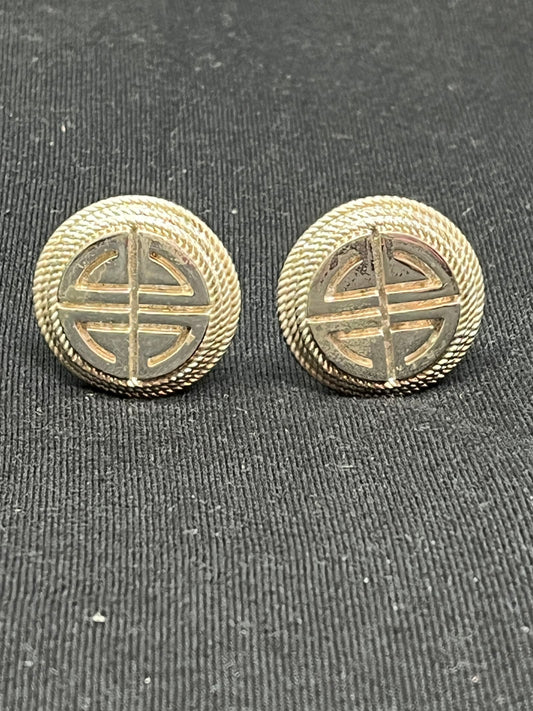 Silver Tone Large Logo Clip On Earrings Rope Border Vintage