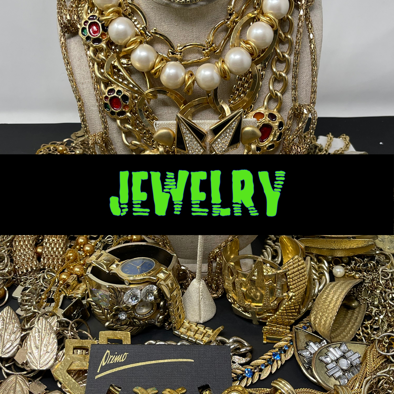 Thrift jewelry collection — necklaces, earrings, bracelets, rings, and watches