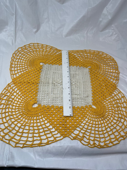 Hand Crocheted Square Doily – Cream & Yellow, 17" Vintage Table Accent