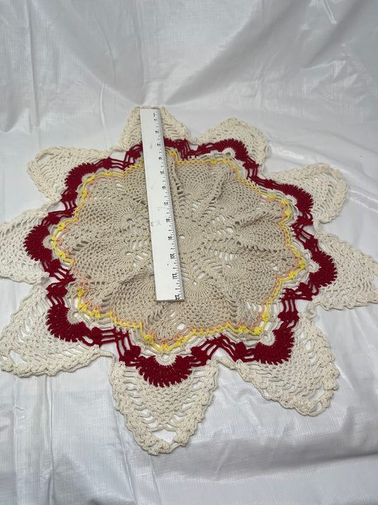 Vintage Hand Crocheted Round Starburst Doily Tan Red Yellow 19"