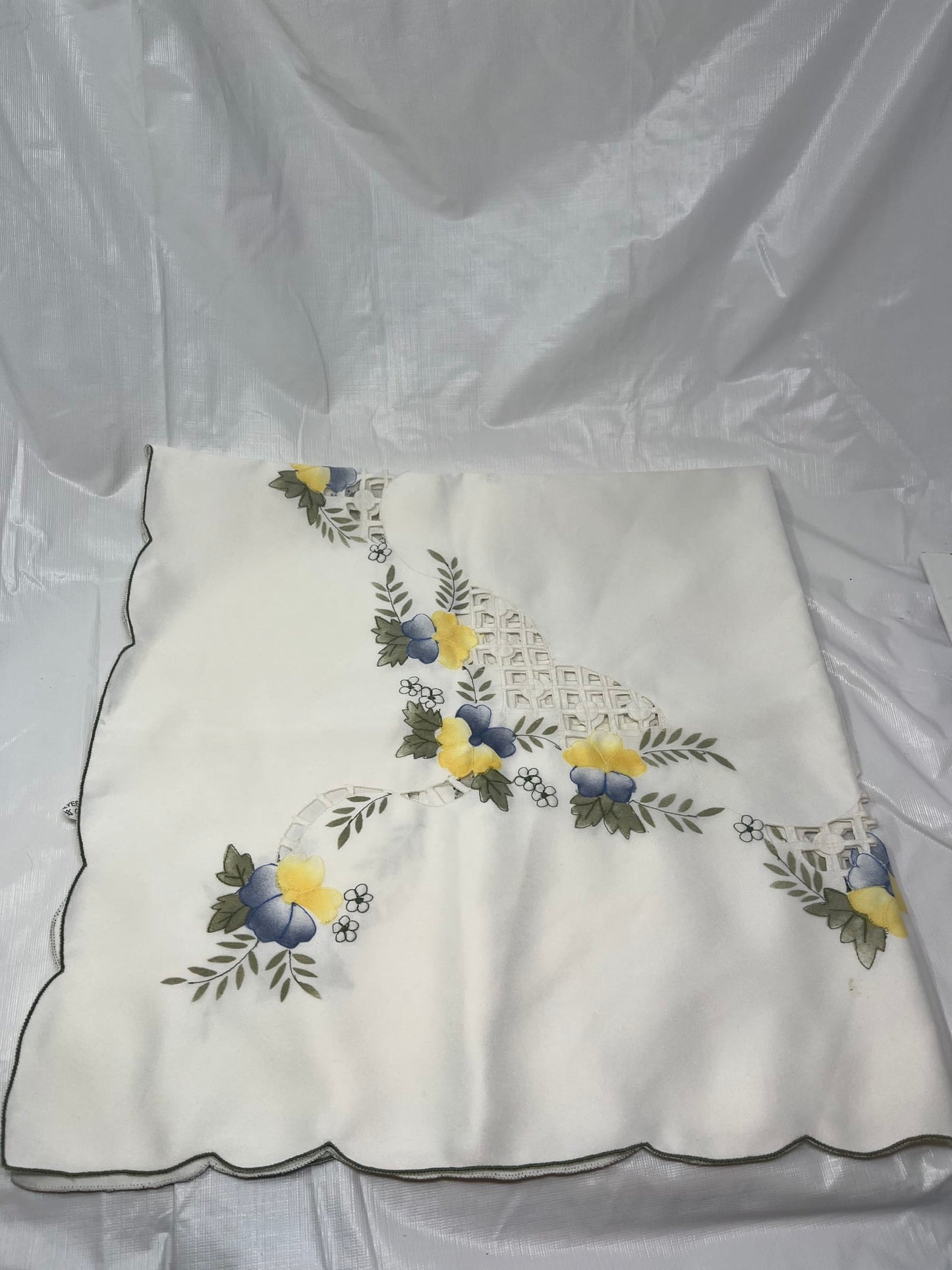Gently Used Store – Vintage Square Embroidered Tablecloth – White, Blue & Yellow Floral (stained) – Linens & Bedding