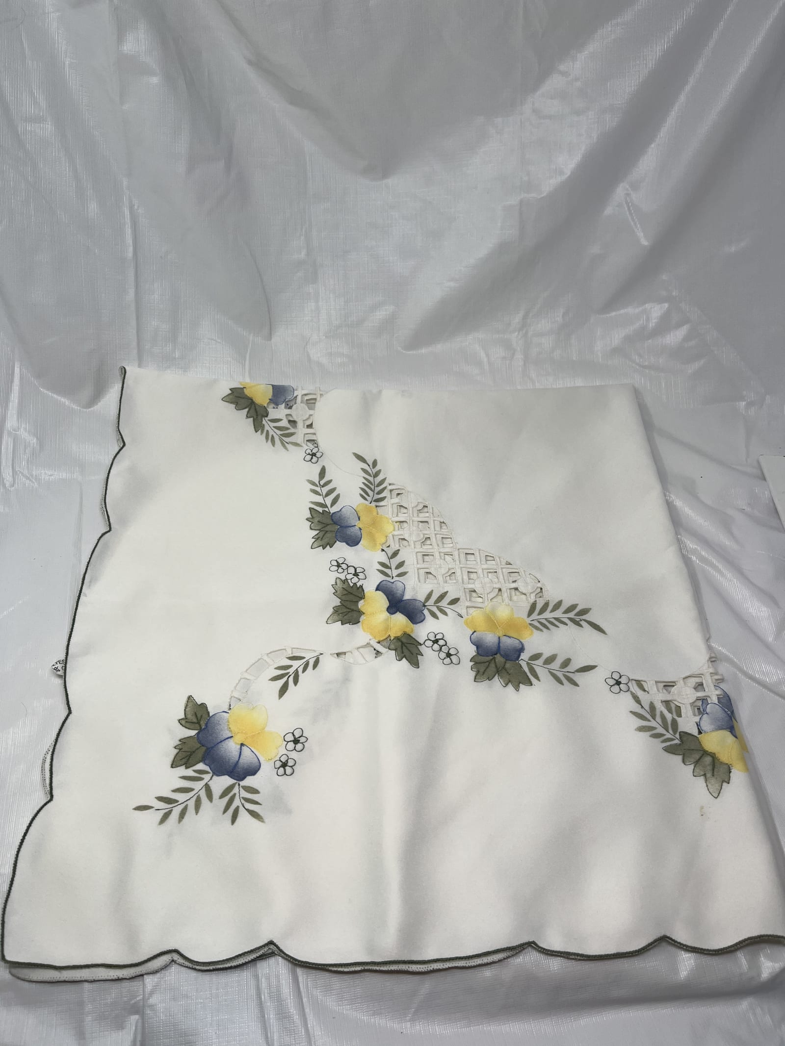 Gently Used Store – Vintage Square Embroidered Tablecloth – White, Blue & Yellow Floral (stained) – Linens & Bedding