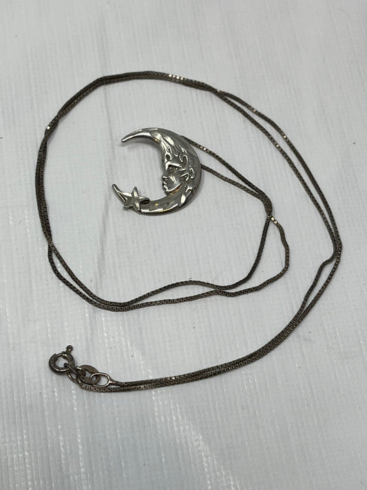 Gently Used Store – Sterling Silver Crescent Moon Face Pendant Necklace – Italy 925 Chain – Necklaces – Used