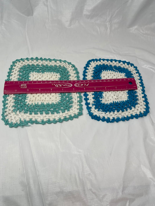 Set of 2 Vintage Crochet Pot Holders – Blue & Aqua Squares