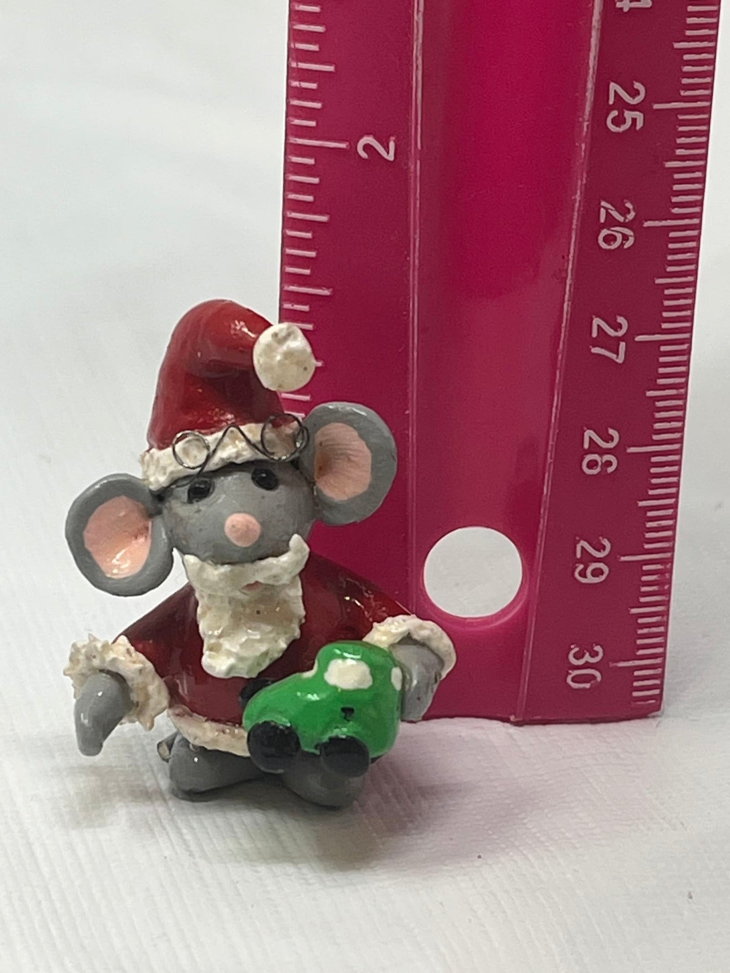 Mini Christmas Mouse Figurine – Santa Hat & Green Gift, 2"