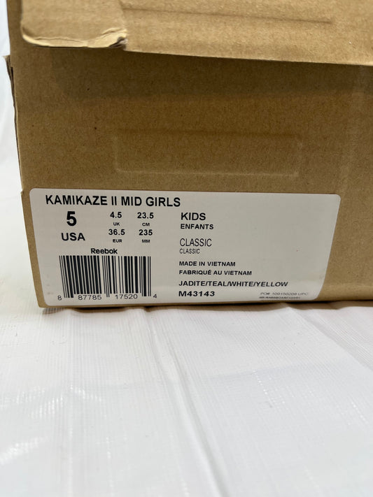 Reebok Kamikaze II Mid Girls Sneakers – Size 5, Jadite/Teal/White/Yellow