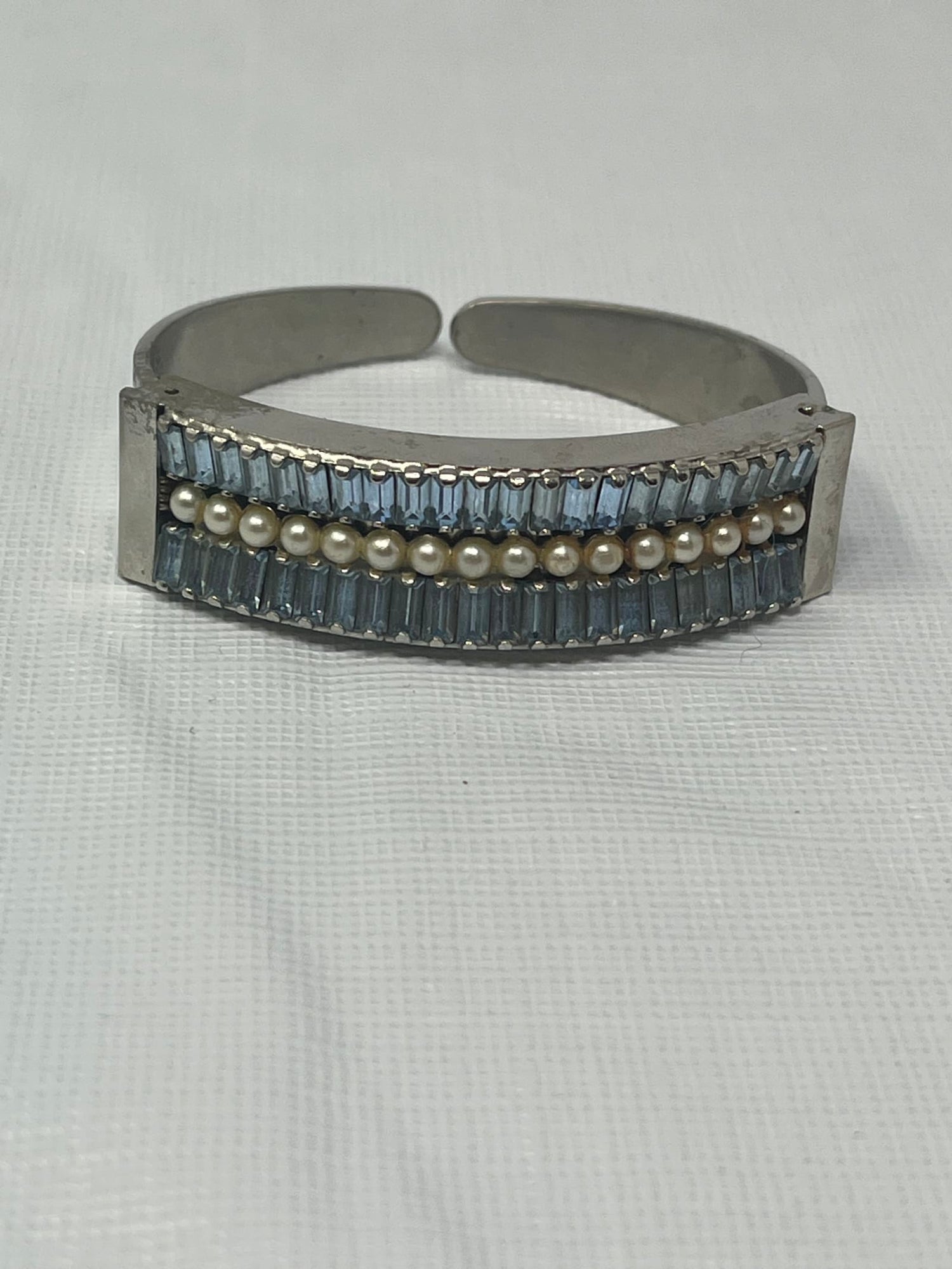 Gently Used Store – Signed Lemu Silver Cuff Bracelet with Faux Pearls & Blue Baguette Crystals (vintage Costume Jewelry)