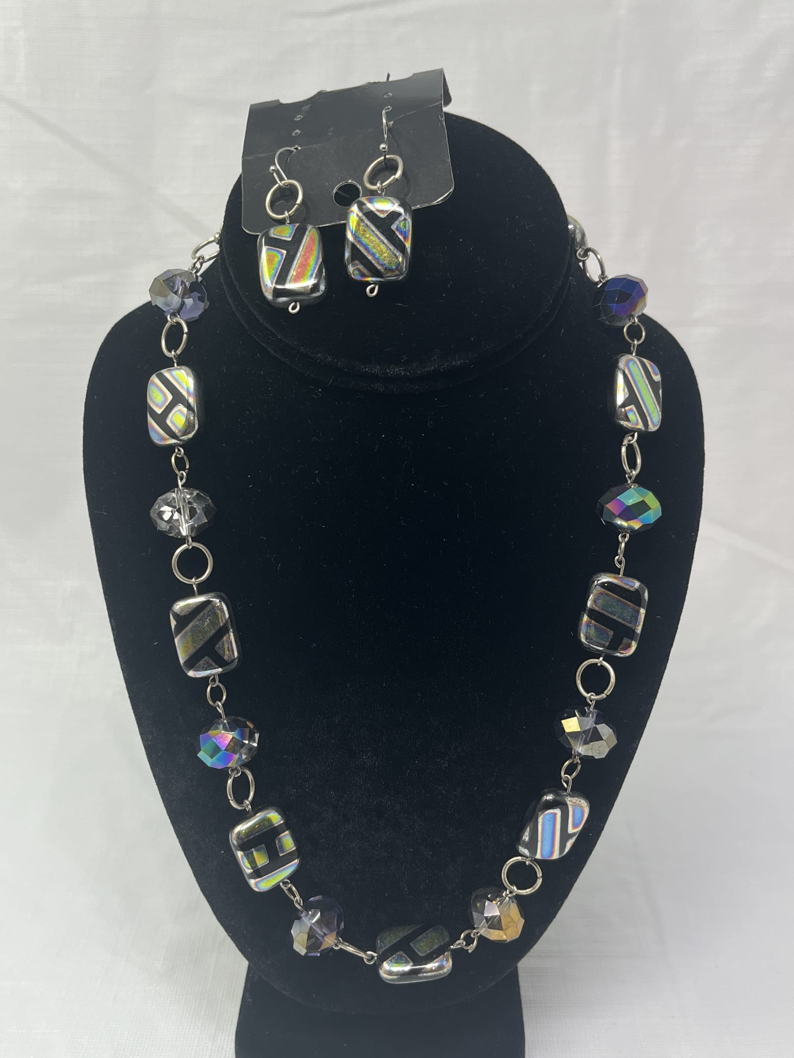 Gently Used Store – Dichroic Glass Necklace & Earrings Set, Iridescent Beads & Silver-tone Links – Jewelry Sets – Used
