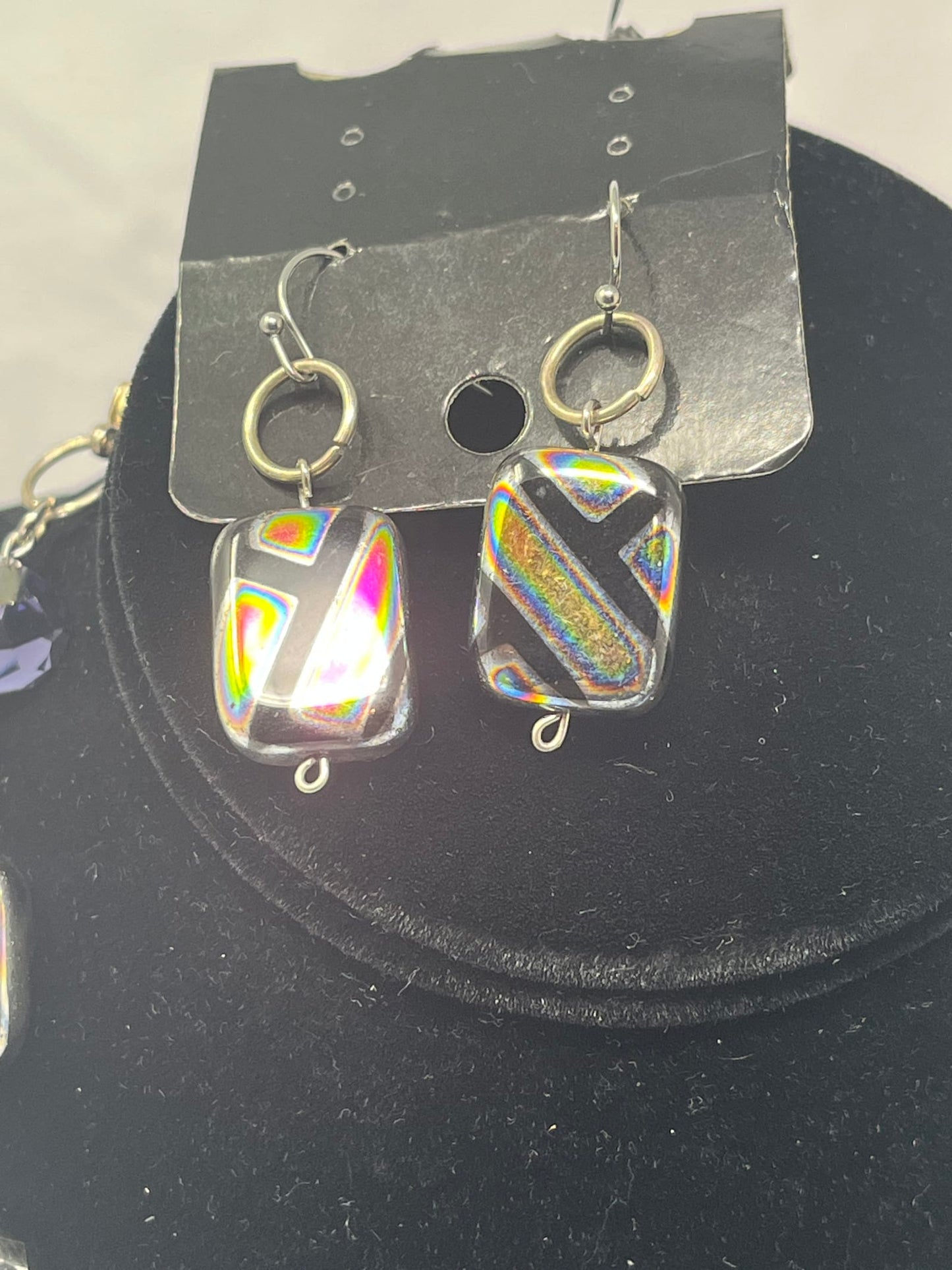 Dichroic Glass Necklace & Earrings Set, Iridescent Beads & Silver-Tone Links