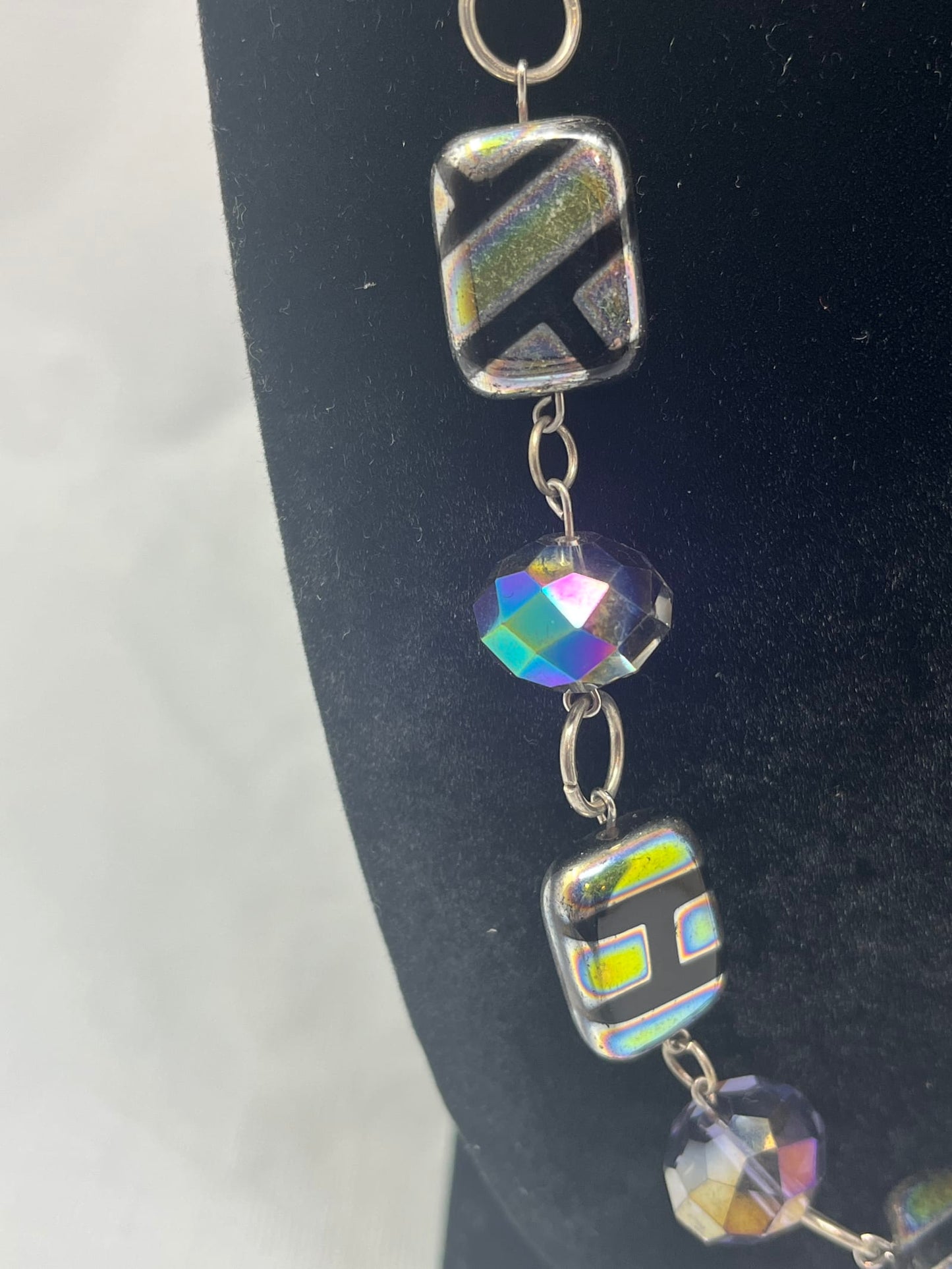 Dichroic Glass Necklace & Earrings Set, Iridescent Beads & Silver-Tone Links