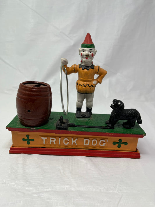 Gently Used Thrift Store – Vintage Cast Iron Trick Dog Circus Clown Mechanical Coin Bank Taiwan 8x2.5x7 – Collectibles