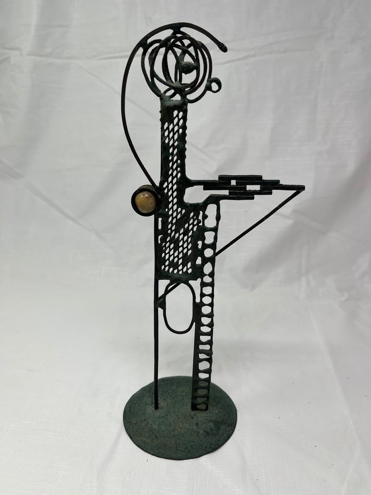 Gently Used Thrift Store – Abstract Humanoid Metal Sculpture with Brown Stone 10.5 Inch – Home Décor – Used