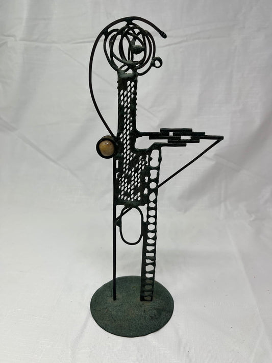 Gently Used Thrift Store – Abstract Humanoid Metal Sculpture with Brown Stone 10.5 Inch – Home Décor – Used