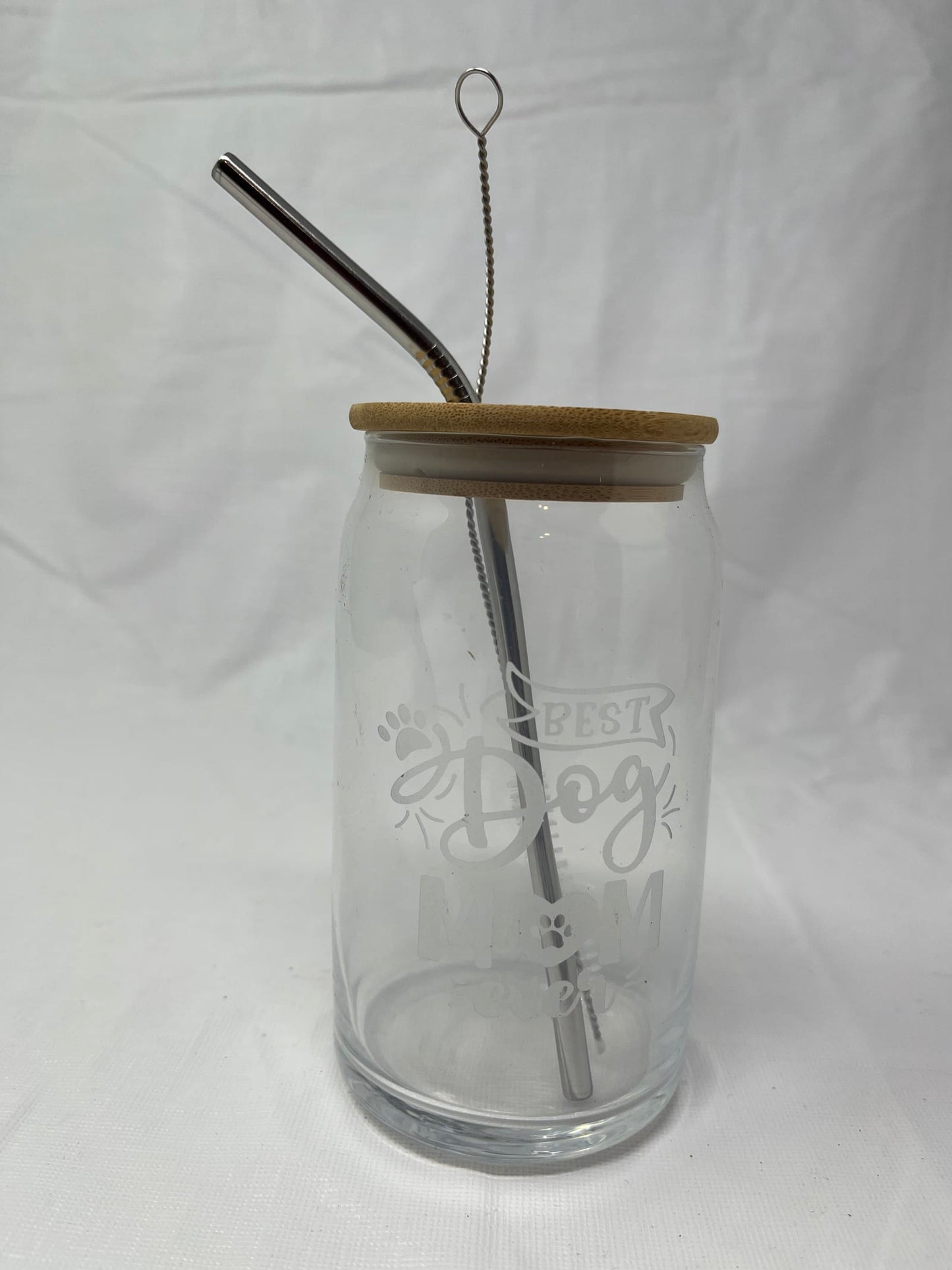 Gently Used Thrift Store – Best Dog Mom Ever Glass Wooden Top Metal Straw – Kitchen & Dining – Used – SKU 000000216