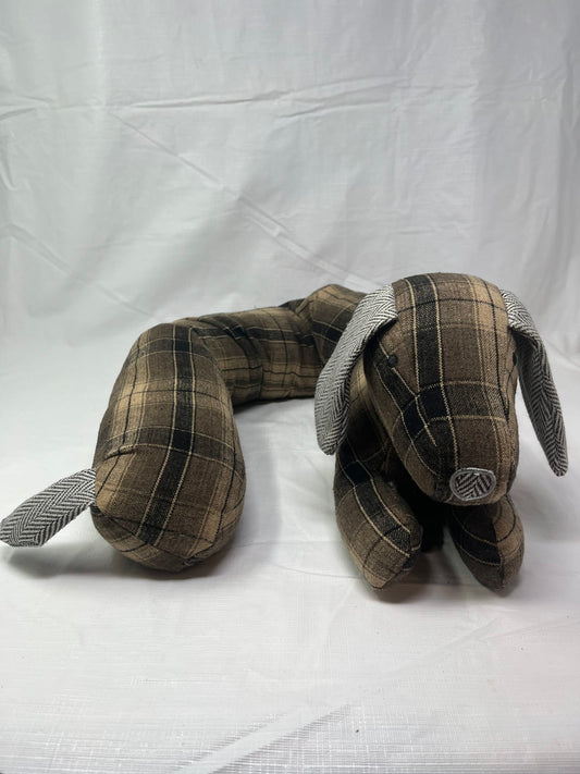 Gently Used Thrift Store – Weighted Dachshund 34" Door Draft Stopper – Brown Plaid & Chevron Pattern – Home Décor – Used