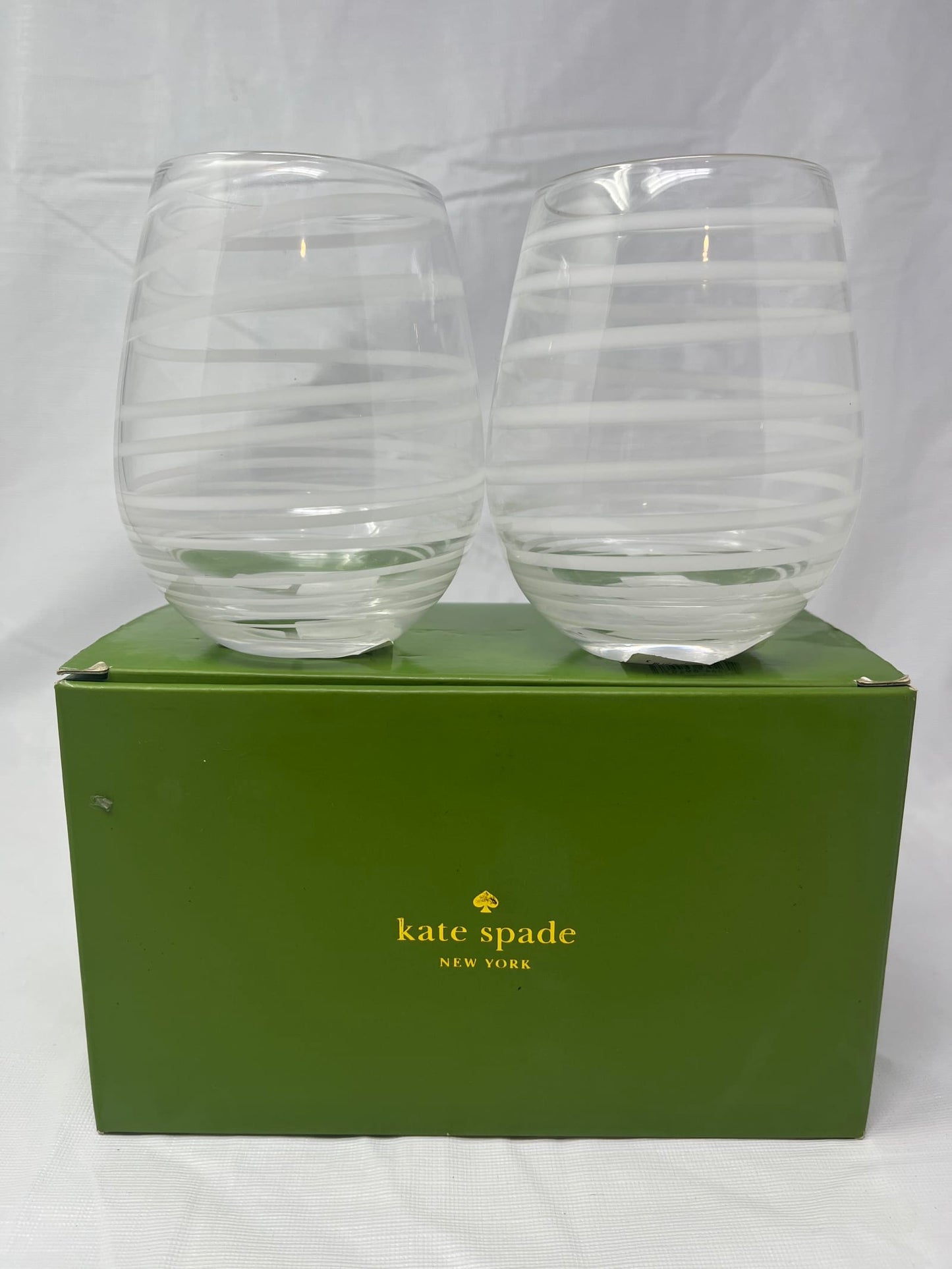 Gently Used Thrift Store – Kate Spade for Lenox “charlotte Street” Stemless Wine Glass – Clear W/ White Stripe