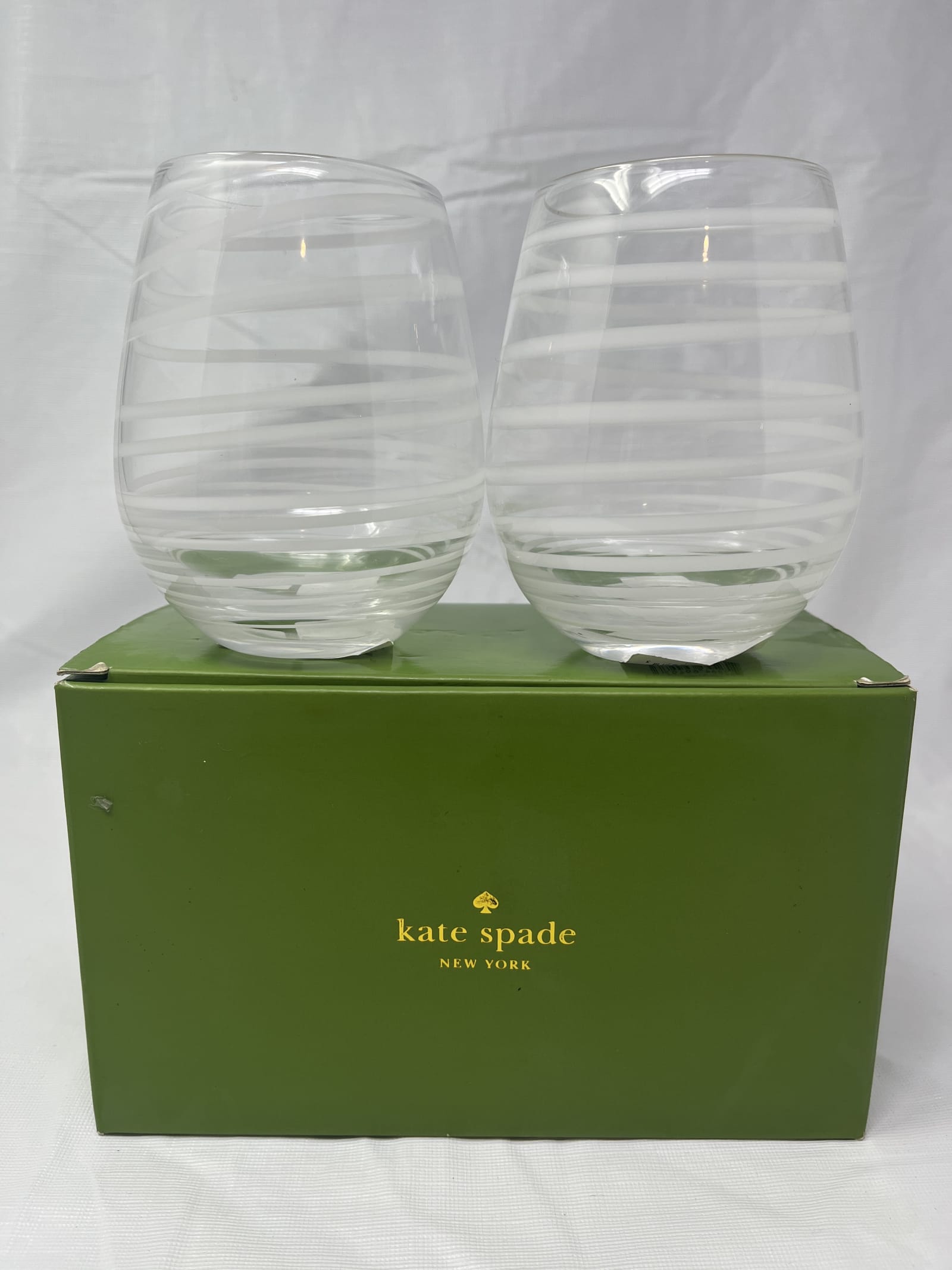 Gently Used Thrift Store – Kate Spade for Lenox “charlotte Street” Stemless Wine Glass – Clear W/ White Stripe
