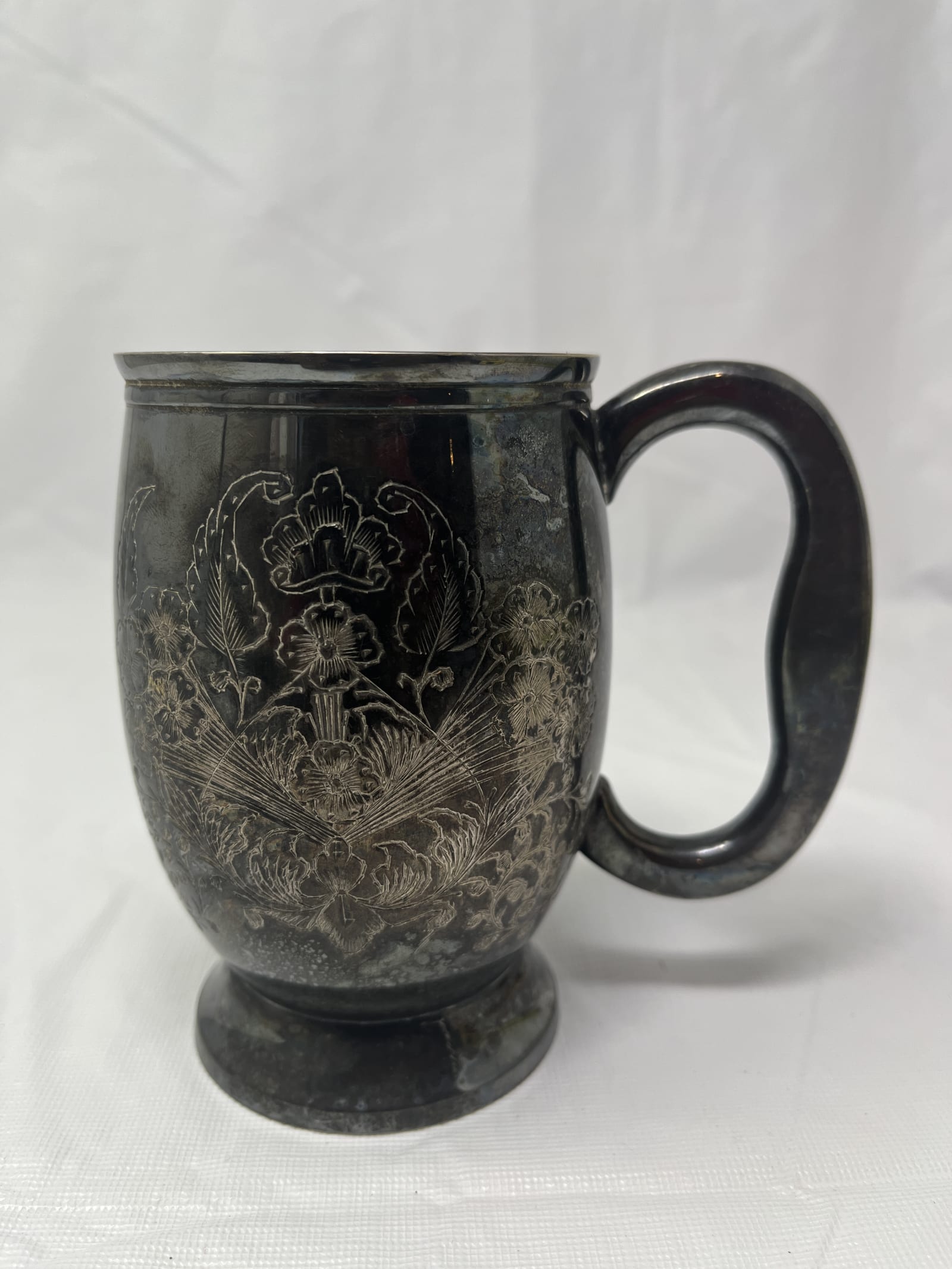 Gently Used Thrift Store – A.k.e. 2963 India Silver Plated Etched Mug – Floral Engraved Tankard – Kitchen & Dining
