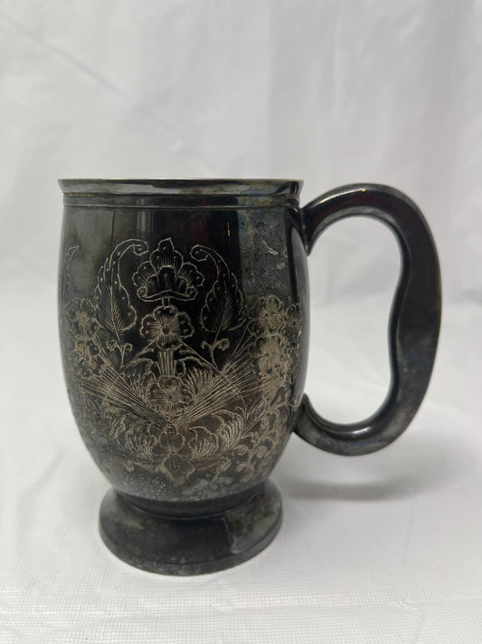 Gently Used Thrift Store – A.k.e. 2963 India Silver Plated Etched Mug – Floral Engraved Tankard – Kitchen & Dining