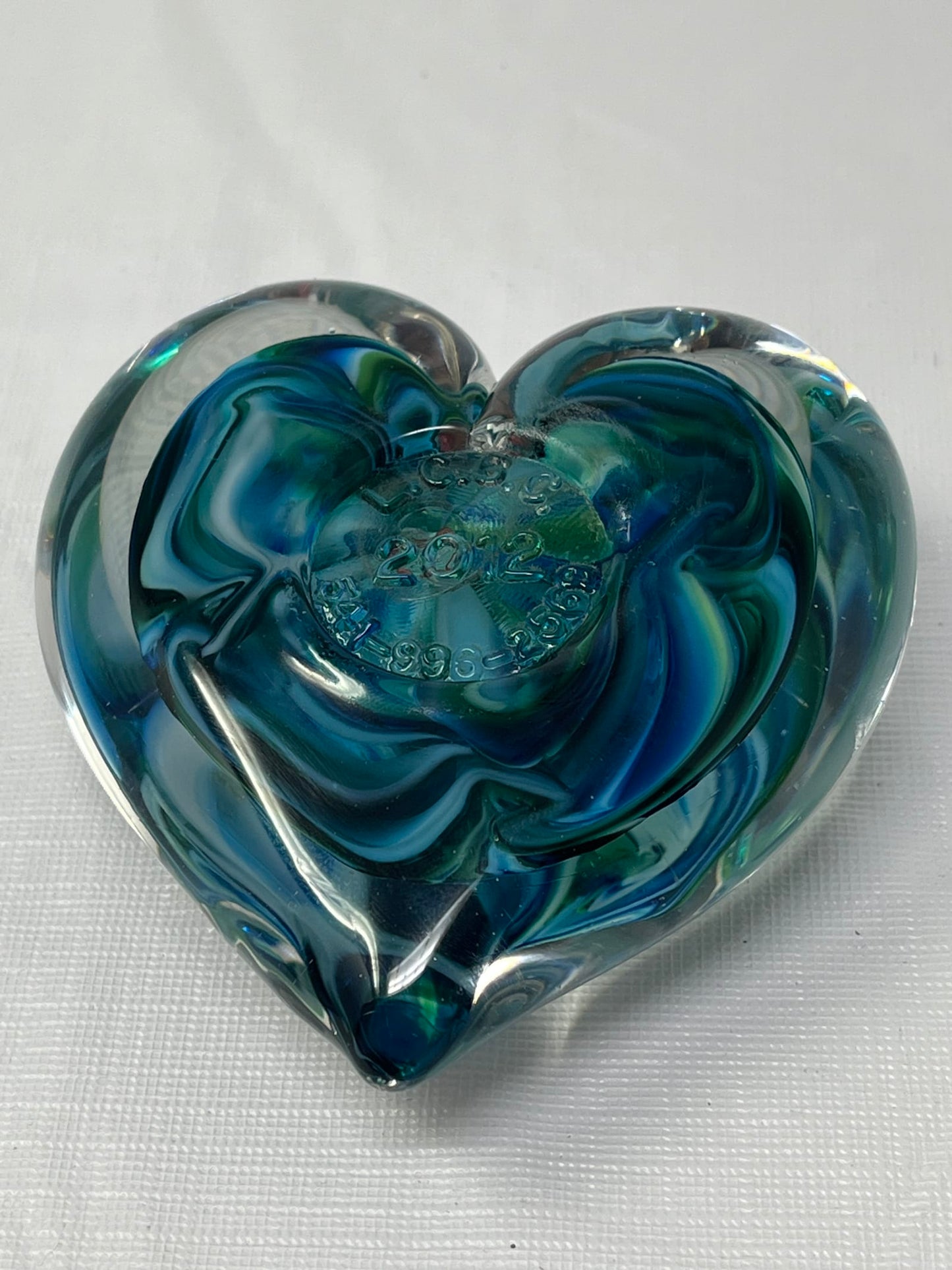 Blue Green White Marbled Glass Paperweight Signed LCGC 2012