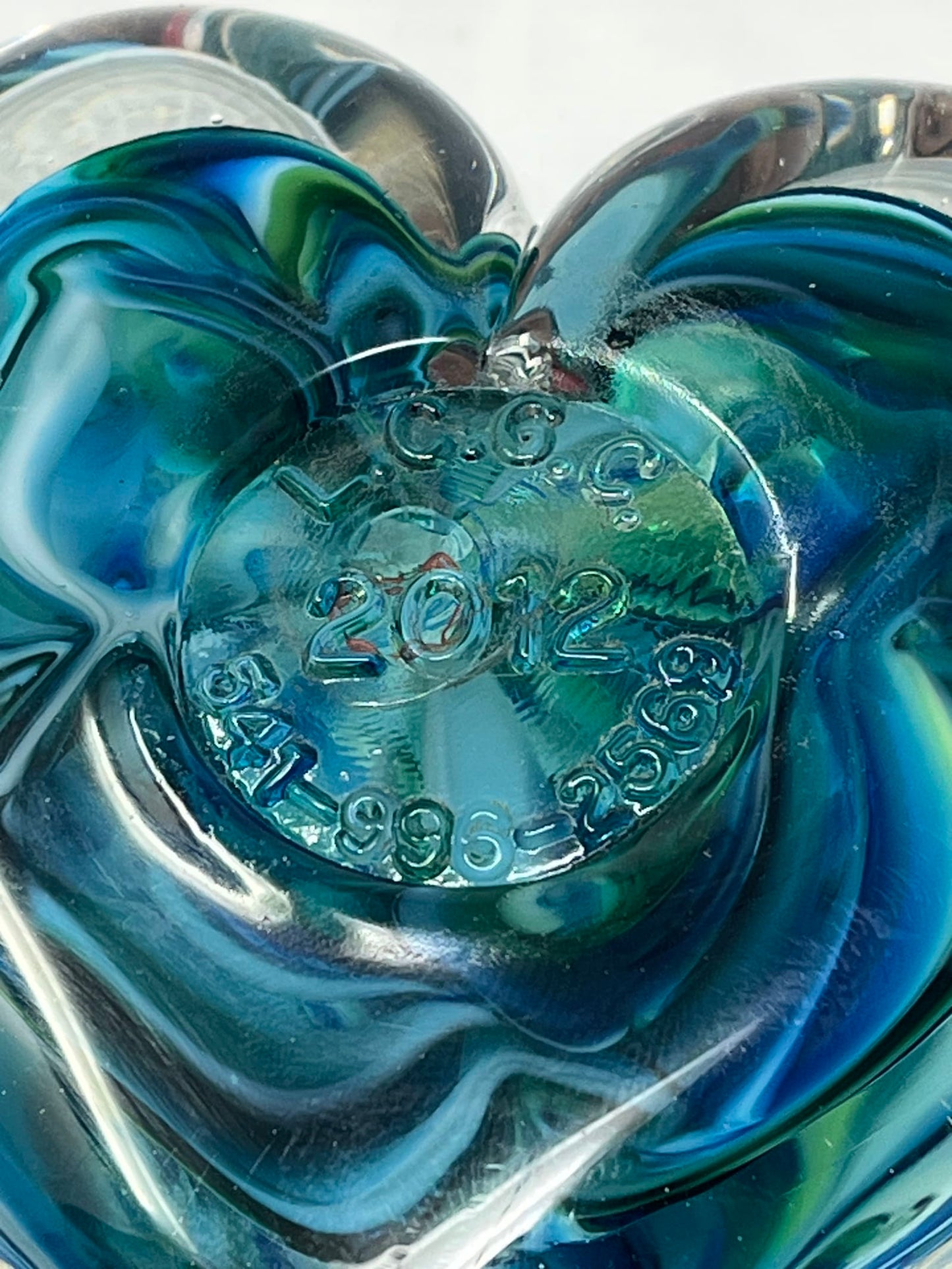 Blue Green White Marbled Glass Paperweight Signed LCGC 2012