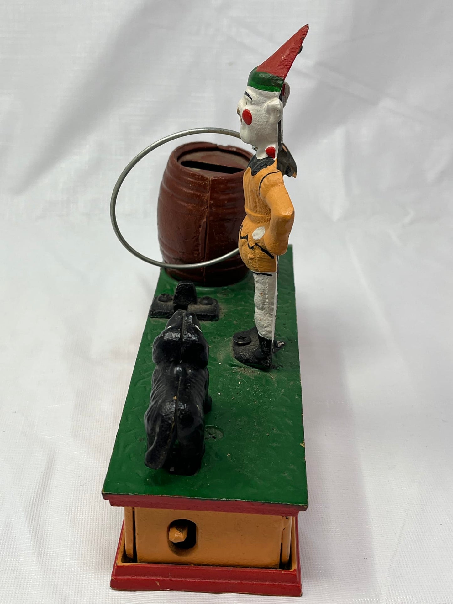 Vintage Cast Iron Trick Dog Circus Clown Mechanical Coin Bank Taiwan 8x2.5x7