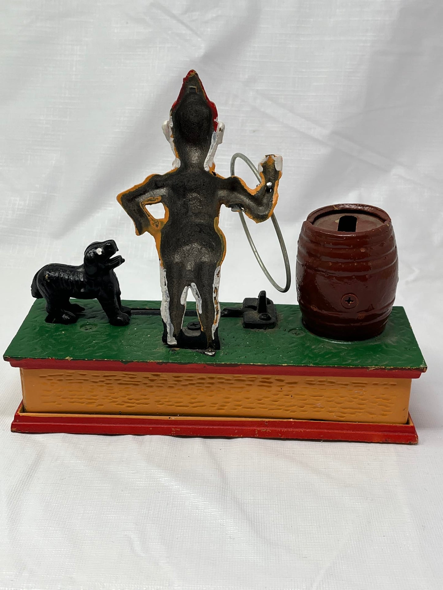 Vintage Cast Iron Trick Dog Circus Clown Mechanical Coin Bank Taiwan 8x2.5x7