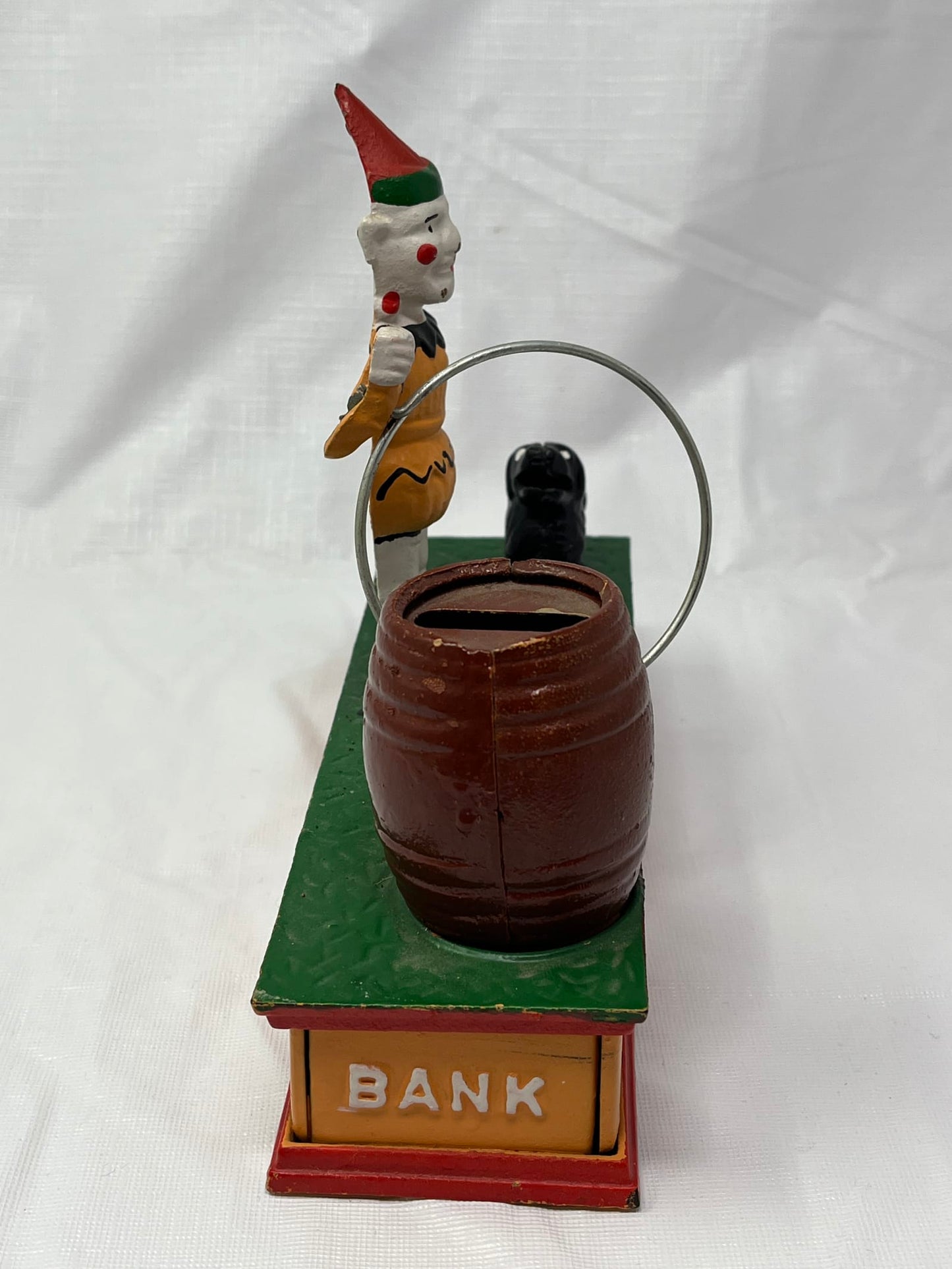 Vintage Cast Iron Trick Dog Circus Clown Mechanical Coin Bank Taiwan 8x2.5x7