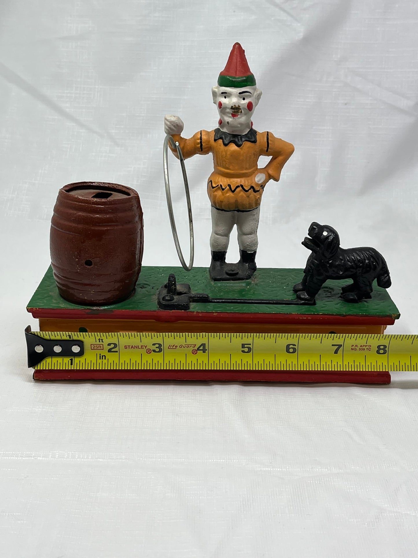 Vintage Cast Iron Trick Dog Circus Clown Mechanical Coin Bank Taiwan 8x2.5x7