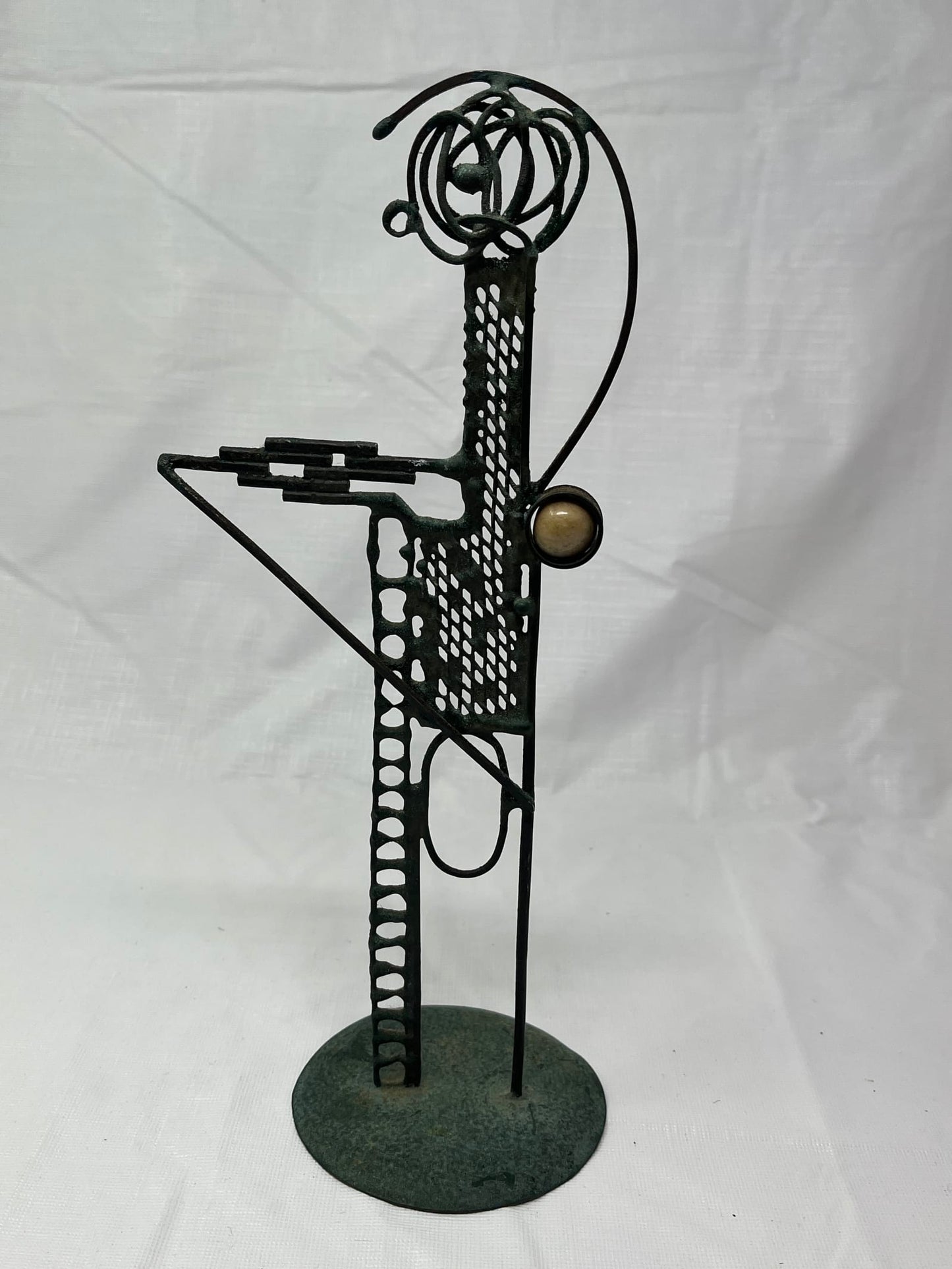 Abstract Humanoid Metal Sculpture with Brown Stone 10.5 Inch
