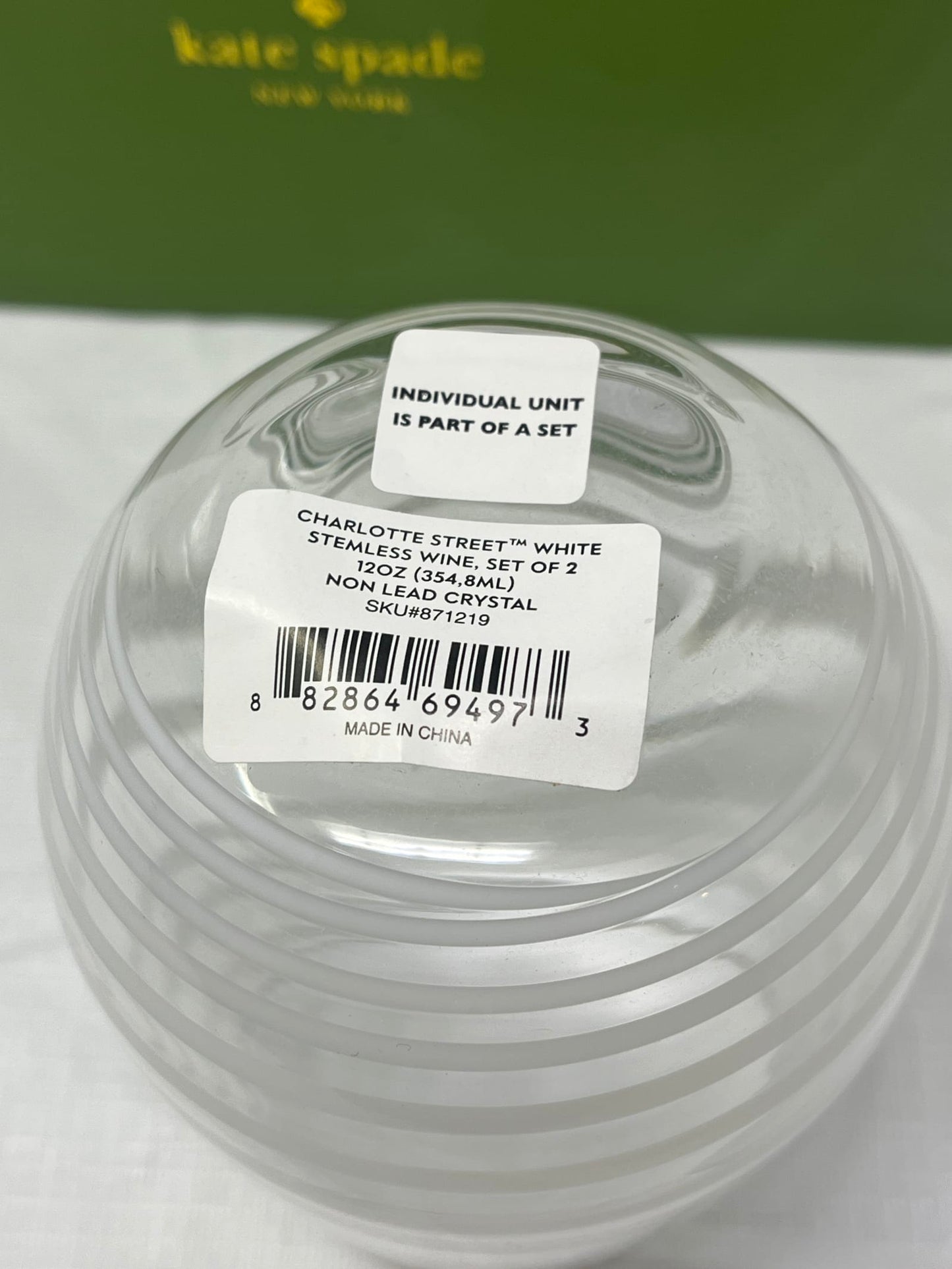 Kate Spade for Lenox “Charlotte Street” Stemless Wine Glass – Clear w/ White Stripe
