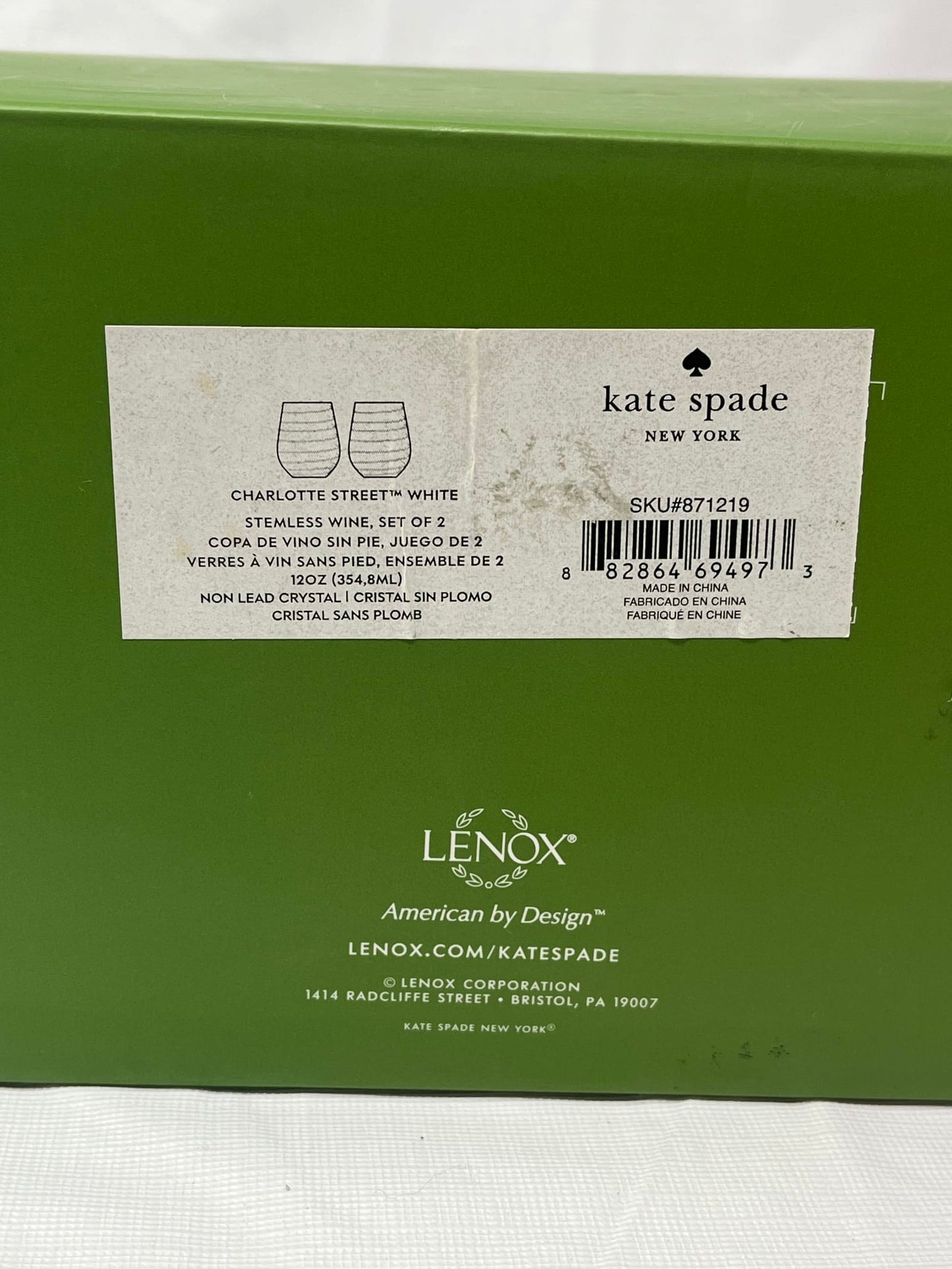 Kate Spade for Lenox “Charlotte Street” Stemless Wine Glass – Clear w/ White Stripe