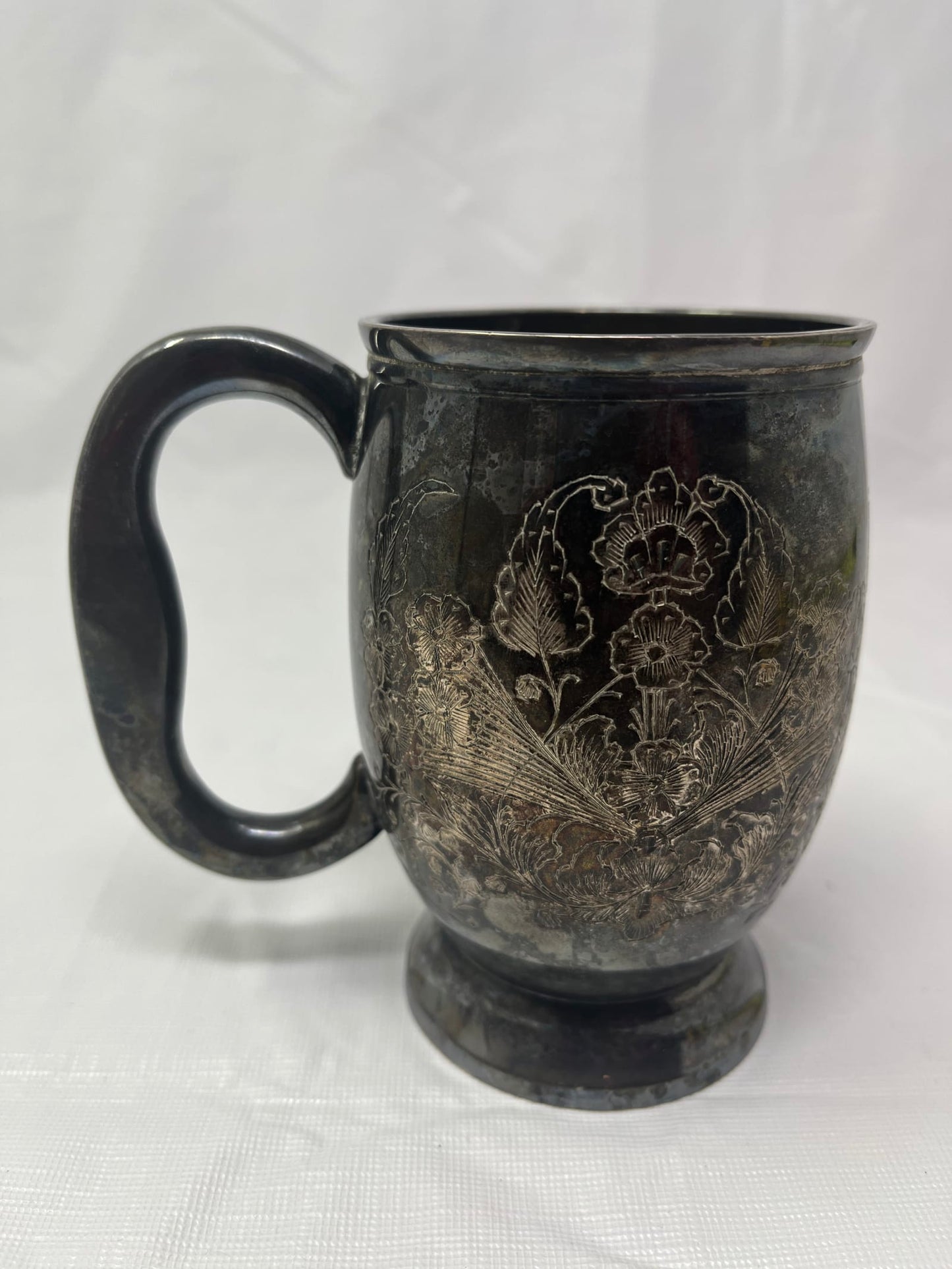 A.K.E. 2963 India Silver Plated Etched Mug – Floral Engraved Tankard
