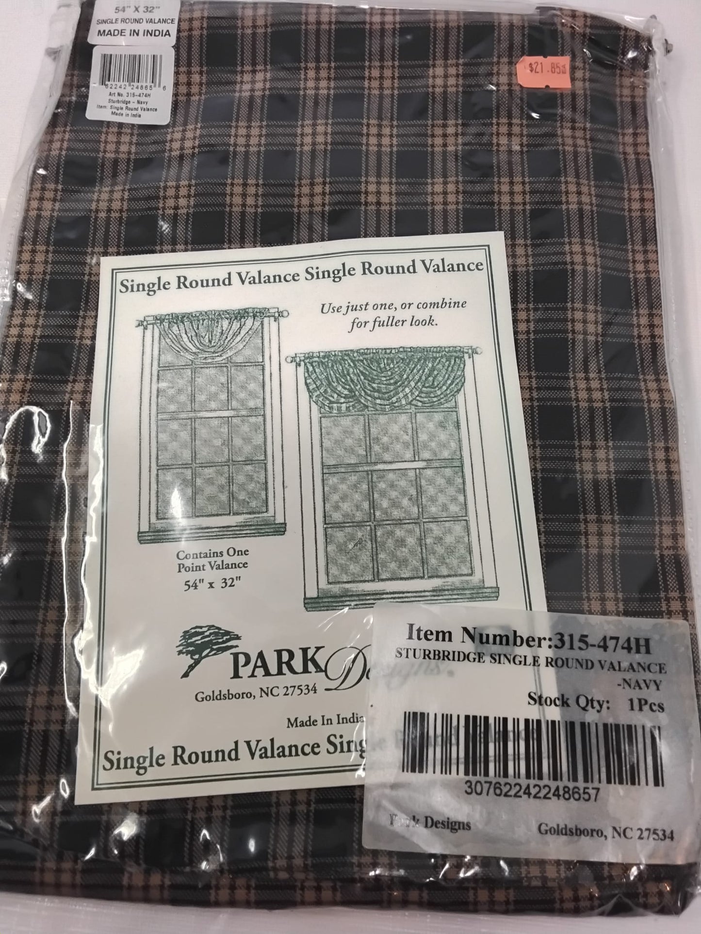 Park Designs Sturbridge Single Round Valance 54"x32" Navy Plaid New Sealed